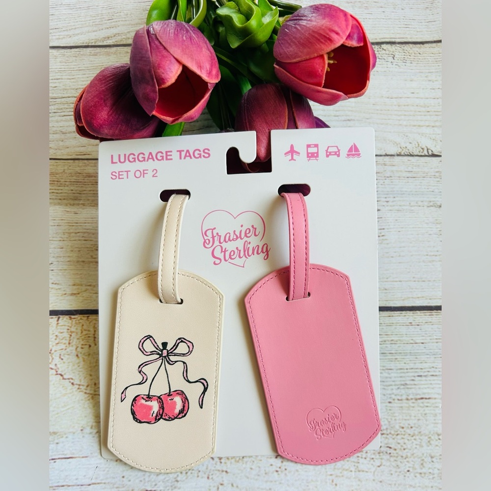 Frasier Sterling Cream Pink Pastel Cherry Buckle Faux Leather Luggage Tags NWT